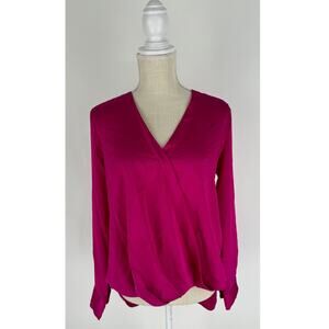 DKNY Womens Satin Faux Wrap Blouse Pink Size Small New Long Sleeve V Neck